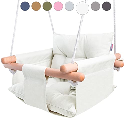 Canvas Baby Swing by Cateam - Ivory - Wooden Hanging Swing Seat Chair for Baby with Safety Belt and mounting Hardware. Baby Hammock Chair Birthday Gift.