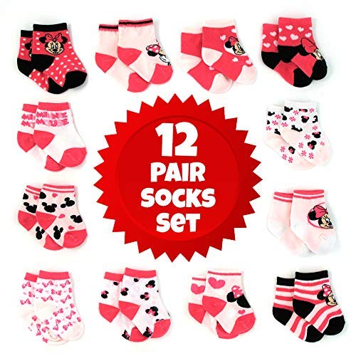 Disney Baby Girls Minnie Mouse Character Design Socks 12 Pack (Newborn and Infants), Minnie Pink/White/Black, Age 0-6M