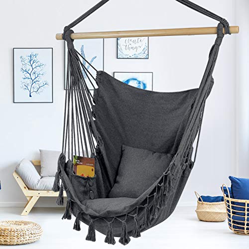 WBHome Hammock Chair Swing with Hanging Hardware Kit- Grey, Cotton Canvas, Include Carry Bag & Two Seat Cushions, for Indoor Outdoor, Max. Weight 330 Lbs