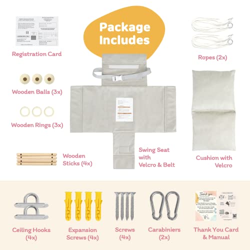 The Classy Swing Seat for Babyâs Fun Time & Growth - UV Resistant Technical Fabric for Indoor and Temporary Outdoor - Infant to Toddler - Seat with Velcro & Belt - Ceiling Hardware - Gift for Lover