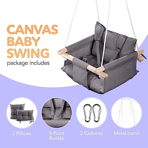 CaTeam - Canvas Baby Swing with Stand, Wooden Hanging Swing Seat Chair with Safety Belt, Durable Baby Hammock Chair, Outdoor and Indoor Swing for Kids, Dark Gray