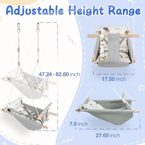 Baby Swing for Baby and Toddler, Canvas Baby Hammock Swing Indoor and Outdoor with Safety Belt and Mounting Hardware, Wooden Hanging Swing Seat Chair for Baby up to 4 Year -Cute Animal