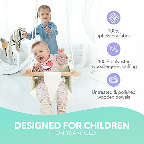Canvas Baby Swing by Cateam - Ivory - Wooden Hanging Swing Seat Chair for Baby with Safety Belt and mounting Hardware. Baby Hammock Chair Birthday Gift.