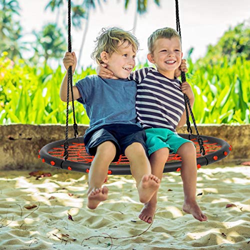 Costzon 40'' Spider Web Tree Swing Set, Kids Outdoor Round Net Swing Platform Rope Swing with Adjustable Hanging Ropes and Durable Steel Frame, Great for Park Backyard (40'', Web Swing, Orange)