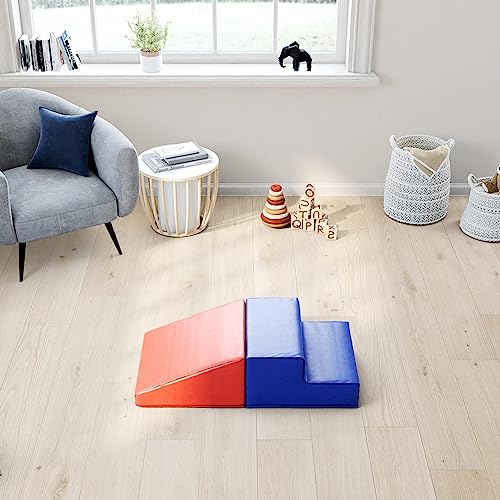 FDP-12365-BLRD SoftScape Playtime Step and Slide Climber for Infants and Toddlers, Colorful Beginner Soft Foam Structure for Indoor Active Play, Crawling, Climbing, Sliding (2-Piece Set) - Blue/Red