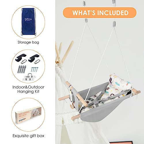 Baby Swing for Baby and Toddler, Canvas Baby Hammock Swing Indoor and Outdoor with Safety Belt and Mounting Hardware, Wooden Hanging Swing Seat Chair for Baby up to 4 Year -Cute Animal