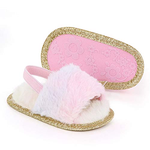 Yinbwol Infant Baby Girls Sandals Elastic Back Strap Flats Slippers Soft Toddles Princess Shoes Faux Fur Slides Shoes First Walker House Shoes (Colorful+Leopard, 12_Months)