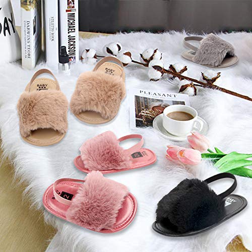 Yinbwol 2 Pack Infant Baby Girls Sandals Elastic Back Strap Flats Slippers Soft Toddles Princess Shoes Faux Fur Slides Shoes First Walker House Shoes