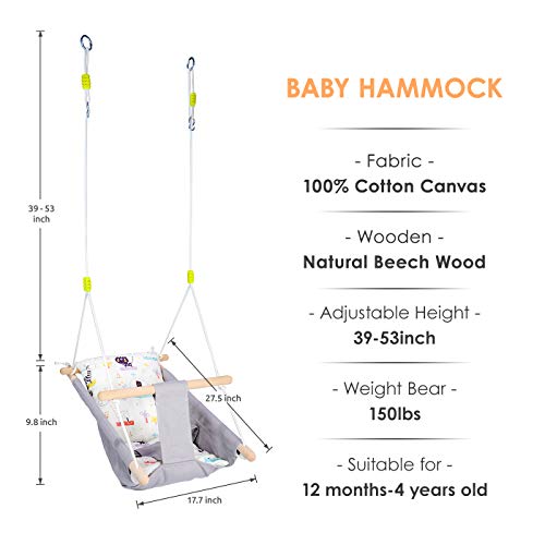 Baby Swing for Baby and Toddler, Canvas Baby Hammock Swing Indoor and Outdoor with Safety Belt and Mounting Hardware, Wooden Hanging Swing Seat Chair for Baby up to 4 Year -Cute Animal