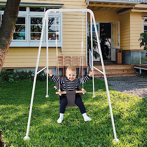 CaTeam - Canvas Baby Swing with Stand, Wooden Hanging Swing Seat Chair with Safety Belt, Durable Baby Hammock Chair, Outdoor and Indoor Swing for Kids, Dark Gray