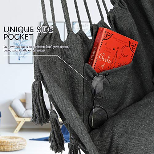 WBHome Hammock Chair Swing with Hanging Hardware Kit- Grey, Cotton Canvas, Include Carry Bag & Two Seat Cushions, for Indoor Outdoor, Max. Weight 330 Lbs