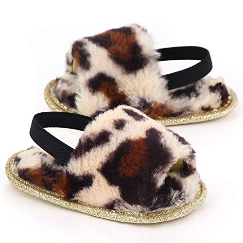 Yinbwol Infant Baby Girls Sandals Elastic Back Strap Flats Slippers Soft Toddles Princess Shoes Faux Fur Slides Shoes First Walker House Shoes (Colorful+Leopard, 12_Months)