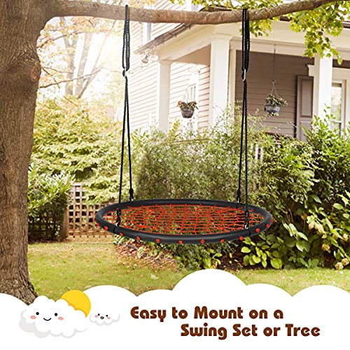 Costzon 40'' Spider Web Tree Swing Set, Kids Outdoor Round Net Swing Platform Rope Swing with Adjustable Hanging Ropes and Durable Steel Frame, Great for Park Backyard (40'', Web Swing, Orange)