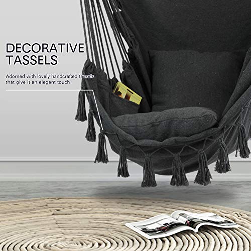 WBHome Hammock Chair Swing with Hanging Hardware Kit- Grey, Cotton Canvas, Include Carry Bag & Two Seat Cushions, for Indoor Outdoor, Max. Weight 330 Lbs
