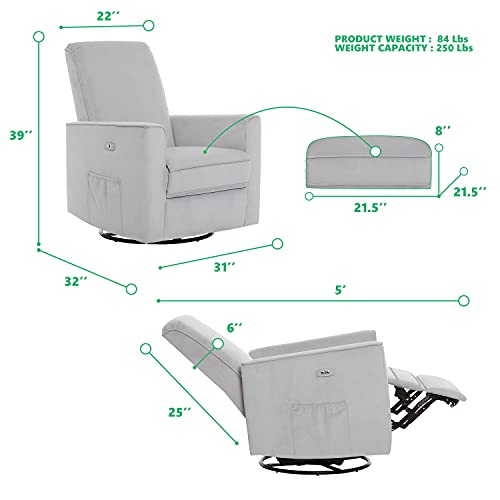Evolur Harlow Deluxe Glider |Recliner| Rocker, Grey