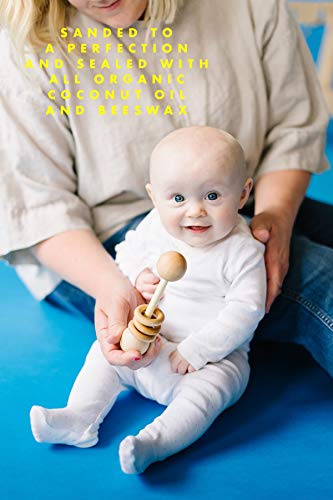 Wood Baby Rattle Teether by Homi Baby, Perfect Montessori Grasping Teething Toy for Babies, Handmade in The USA, Sealed with Organic Virgin Coconut Oil & Beeswax