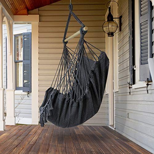 WBHome Hammock Chair Swing with Hanging Hardware Kit- Grey, Cotton Canvas, Include Carry Bag & Two Seat Cushions, for Indoor Outdoor, Max. Weight 330 Lbs