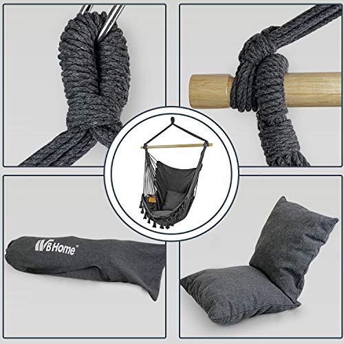 WBHome Hammock Chair Swing with Hanging Hardware Kit- Grey, Cotton Canvas, Include Carry Bag & Two Seat Cushions, for Indoor Outdoor, Max. Weight 330 Lbs