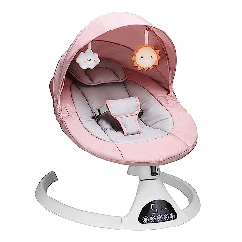T TICCI Baby Swings for Infants, 5 Speed Bluetooth Baby Bouncer, Motorized Bluetooth Swing, Built-in 3 Timer Settings, Music Speaker, Remote Control, Gray, 0-6 Months (Pink)