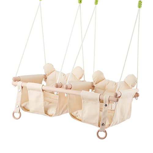 Troispot Twin Baby Swing, 2-in-1 Wooden Hanging Sleeping Swing Chair for Baby, Infant, Toddler, Kids Toys, Indoor Double Hammock Swing for 6-36 Months Baby, Tree Swings or Backyard (Beige) E1