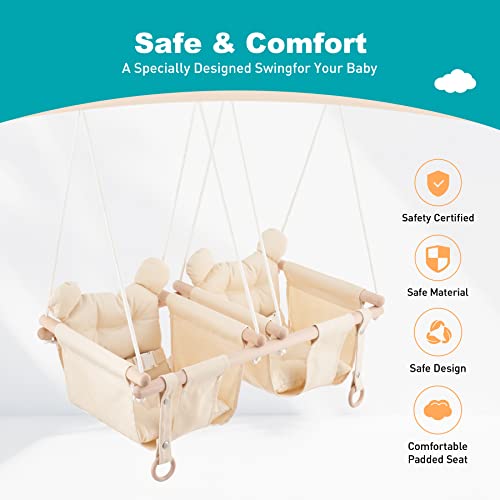 Troispot Twin Baby Swing, 2-in-1 Wooden Hanging Sleeping Swing Chair for Baby, Infant, Toddler, Kids Toys, Indoor Double Hammock Swing for 6-36 Months Baby, Tree Swings or Backyard (Beige) E1