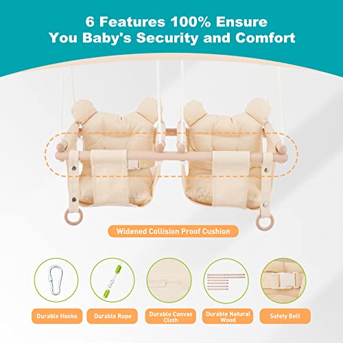 Troispot Twin Baby Swing, 2-in-1 Wooden Hanging Sleeping Swing Chair for Baby, Infant, Toddler, Kids Toys, Indoor Double Hammock Swing for 6-36 Months Baby, Tree Swings or Backyard (Beige) E1