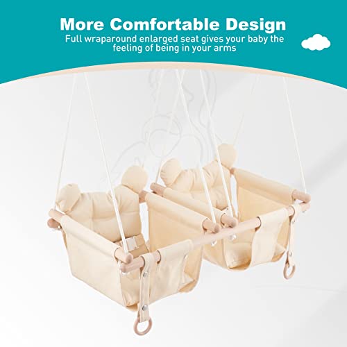 Troispot Twin Baby Swing, 2-in-1 Wooden Hanging Sleeping Swing Chair for Baby, Infant, Toddler, Kids Toys, Indoor Double Hammock Swing for 6-36 Months Baby, Tree Swings or Backyard (Beige) E1