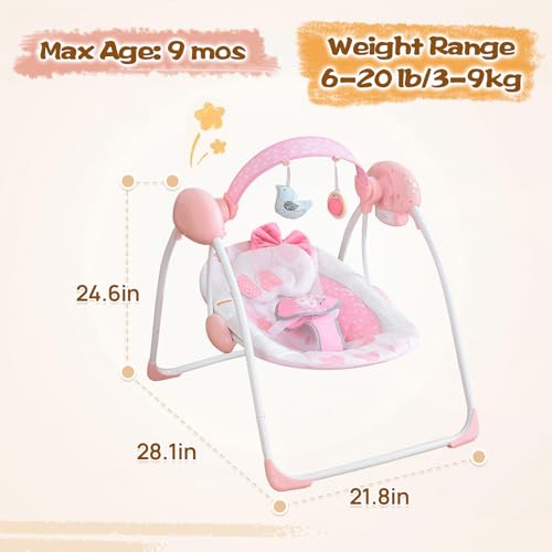 Portable Electric Baby Swing with Music, 6-Speed, Soft Pink