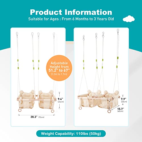 Troispot Twin Baby Swing, 2-in-1 Wooden Hanging Sleeping Swing Chair for Baby, Infant, Toddler, Kids Toys, Indoor Double Hammock Swing for 6-36 Months Baby, Tree Swings or Backyard (Beige) E1