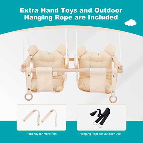 Troispot Twin Baby Swing, 2-in-1 Wooden Hanging Sleeping Swing Chair for Baby, Infant, Toddler, Kids Toys, Indoor Double Hammock Swing for 6-36 Months Baby, Tree Swings or Backyard (Beige) E1
