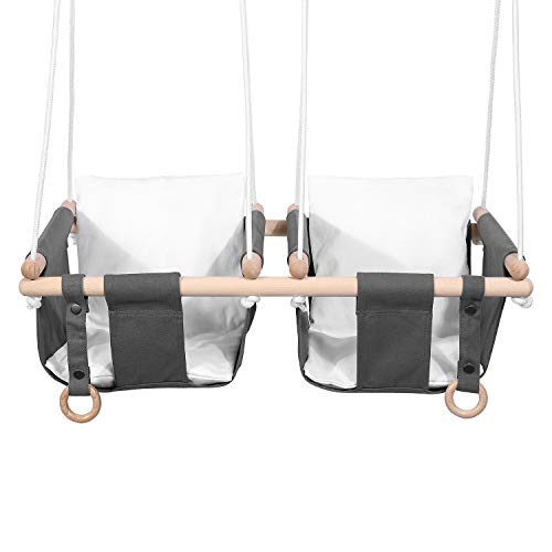 Mlian Double Baby Kids Toddler Canvas Hanging Swing Seat Chair Indoor and Outdoor Hammock Backyard Outside Swing 6-36 Months with Cushion for 2 Kids (Gray)