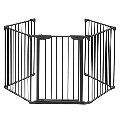 Bonnlo 122-Inch Wide Configurable Baby Gate Fireplace Safety Fence/Guard Adjustable 5-Panel Metal Play Yard for Toddler/Pet/Dog Christmas Tree Fence, Includes 4 Pack of Wall Mounts, Black