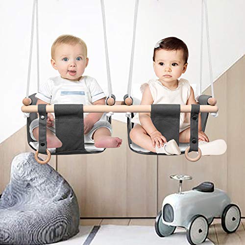 Mlian Double Baby Kids Toddler Canvas Hanging Swing Seat Chair Indoor and Outdoor Hammock Backyard Outside Swing 6-36 Months with Cushion for 2 Kids (Gray)