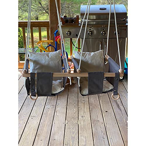Mlian Double Baby Kids Toddler Canvas Hanging Swing Seat Chair Indoor and Outdoor Hammock Backyard Outside Swing 6-36 Months with Cushion for 2 Kids (Gray)
