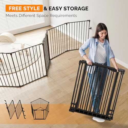 Bonnlo 122-Inch Wide Configurable Baby Gate Fireplace Safety Fence/Guard Adjustable 5-Panel Metal Play Yard for Toddler/Pet/Dog Christmas Tree Fence, Includes 4 Pack of Wall Mounts, Black