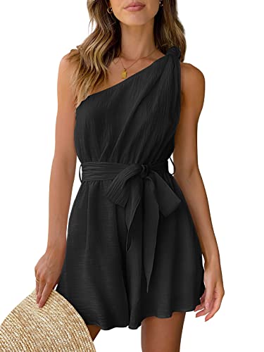 AUTOMET Womens Rompers Black One Piece Jumpsuits Casual Outfits Vacation Fashion Clothes 2023 Jumpers Tie Front Shorts with Pockets