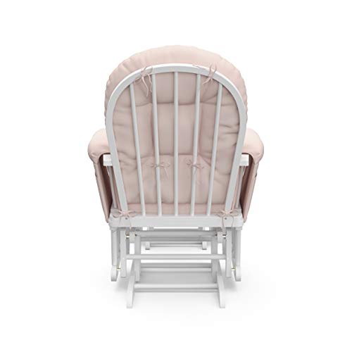 Storkcraft Premium Hoop Glider and Ottoman (White Base, Pink Cushion)  Padded Cushions with Storage Pocket, Smooth Rocking Motion, Easy to Assemble, Solid Hardwood Base