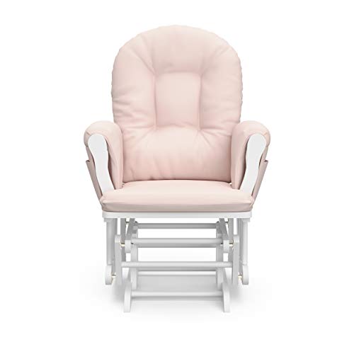 Storkcraft Premium Hoop Glider and Ottoman (White Base, Pink Cushion)  Padded Cushions with Storage Pocket, Smooth Rocking Motion, Easy to Assemble, Solid Hardwood Base