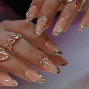 Almond Press-On Nails with Gold Line Design