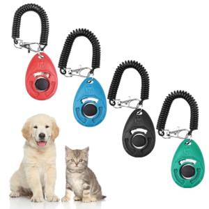4 Pack Dog Clicker, Pet Training Clicker with Wrist Strap, Effective Behavioral Training Tool for Cats Birds Puppy Recall(Red & Black & Light Blue & Cyan)