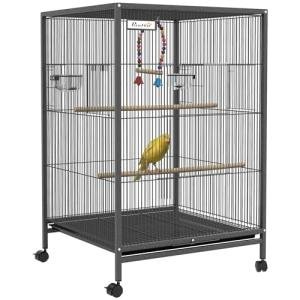 PawHut Small Bird Cage on Rolling Stand - Grey