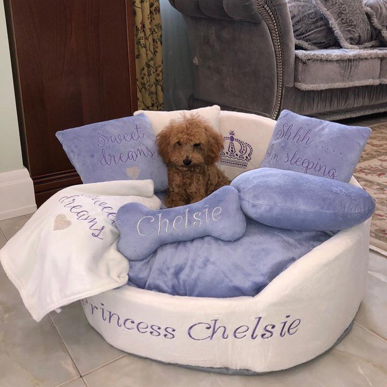 Personalized Cream & Lavender Luxury Dog Bed