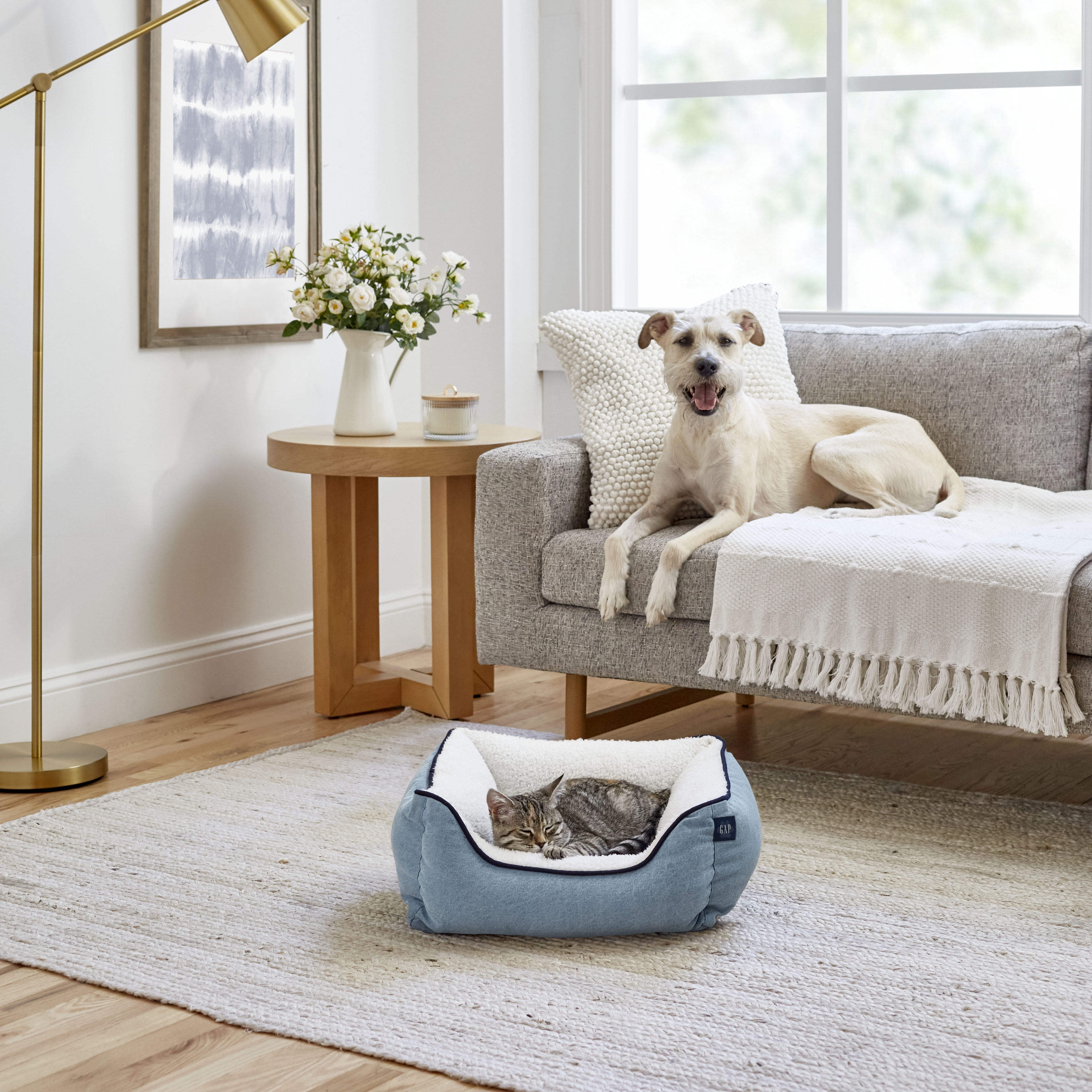 Light Blue Denim Pet Bed with Sherpa Inner