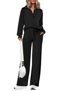 PrettyGarden Women's Black Sweatshirt and Wide Leg Pants Set