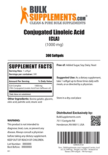 BULKSUPPLEMENTS.COM Conjugated Linoleic Acid Softgels - CLA 2000mg - CLA Supplements - CLA Safflower Capsules - CLA Pills - 2 CLA Softgels per Serving - 150-Day Supply (300 Softgels)