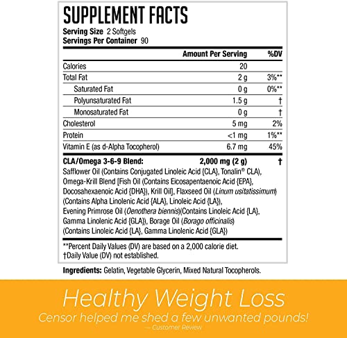 Censor NDS Nutrition Fat Loss and Body Toner with CLA, Fish Oil, Safflower and Omega 3-6-9 Blend - Dietary Supplement for Improved Energy and Health (90 Softgels)