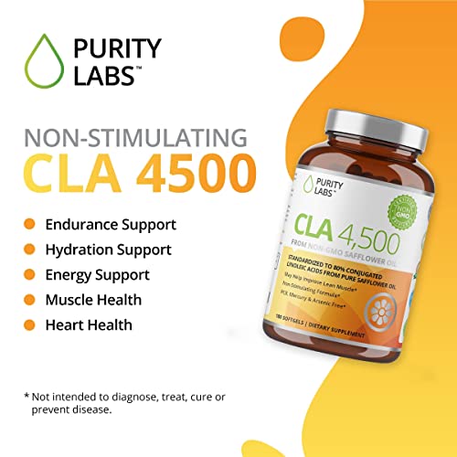 Purity Labs CLA Supplements 4500MG - Non-GMO Safflower Oil - Supports Energy, Weight Loss, Heart Health, and Muscle Health - 180 Soft gels