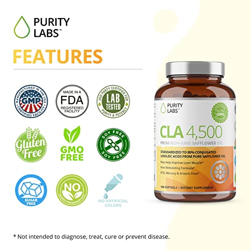 Purity Labs CLA Supplements 4500MG - Non-GMO Safflower Oil - Supports Energy, Weight Loss, Heart Health, and Muscle Health - 180 Soft gels