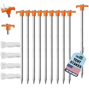 Heavy-Duty Family Tent Stakes with Ropes - 10 Pack