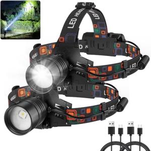 Bright Rechargeable Headlamp 2-Pack with Adjustable Light